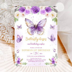 Purple Butterfly Floral Girl Birthday Invitation