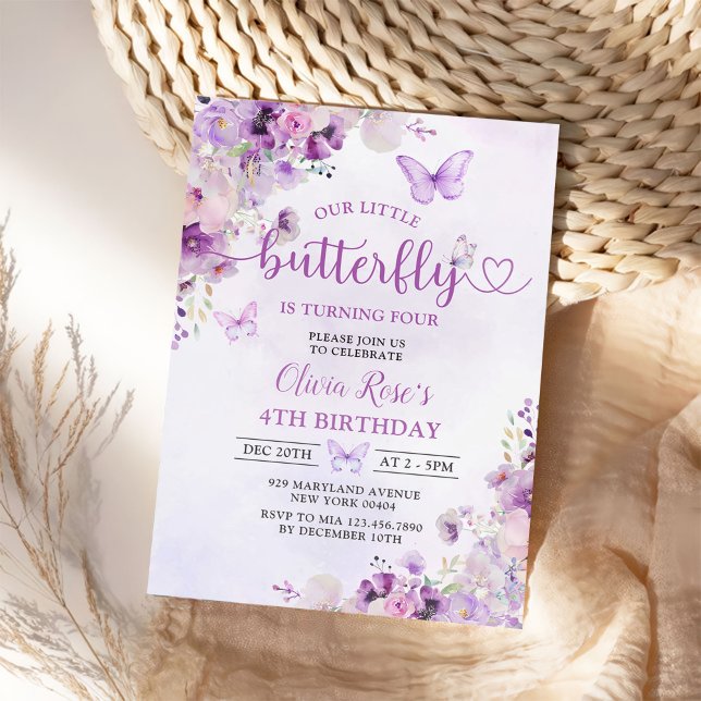 Purple Butterfly Floral Girl Birthday Party Invitation (Creator Uploaded)