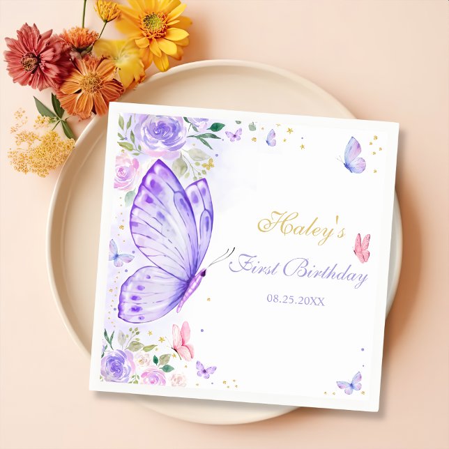 Purple Butterfly Floral  Girl Birthday Party  Napkin (Creator Uploaded)