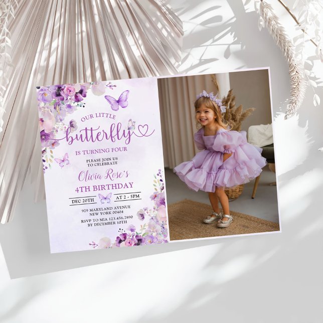 Purple Butterfly Floral Girl Birthday Party Photo Invitation (Creator Uploaded)