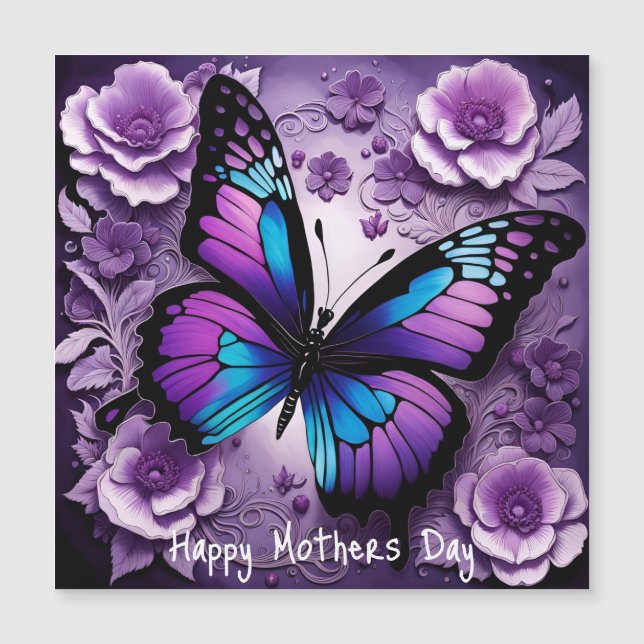 Purple Butterfly Floral Mothers Day Magnetic Card (Front)