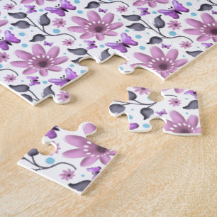 Purple Butterfly Floral Pattern Cute Cottagecore  Jigsaw Puzzle