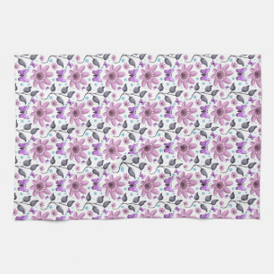 Purple Butterfly Floral Pattern Cute Cottagecore Tea Towel