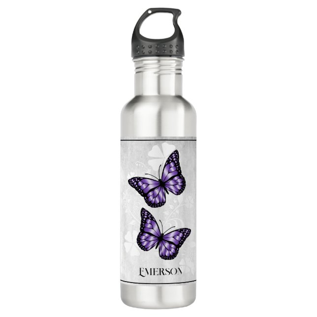 Purple Butterfly Floral Personalised 710 Ml Water Bottle (Front)