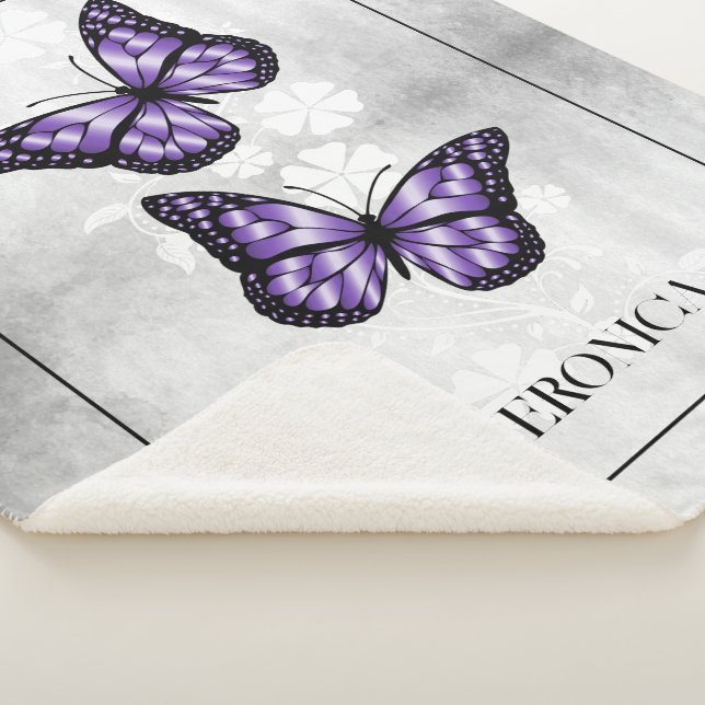 Purple Butterfly Floral Personalised Sherpa Blanket (3/4)