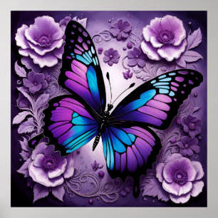 Purple Butterfly Floral  Poster