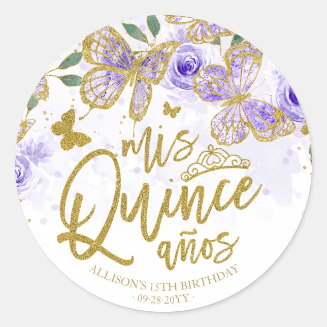 Purple Butterfly Floral Quinceanera Party Classic Round Sticker (Front)