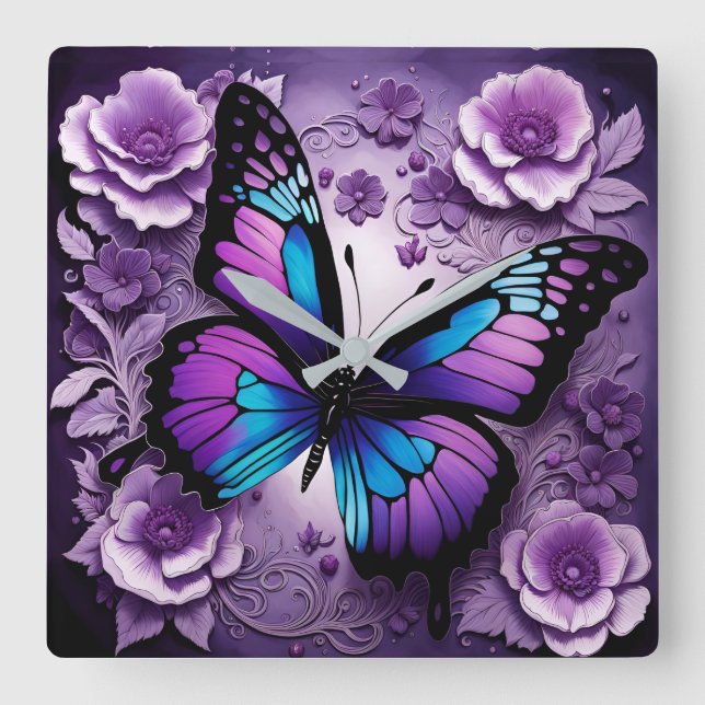 Purple Butterfly Floral  Square Wall Clock (Front)