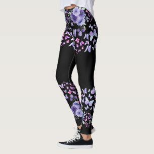 Purple Butterfly Floral Watercolor Leggings - Cute