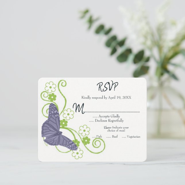 Purple Butterfly Floral Wedding RSVP Card (Standing Front)