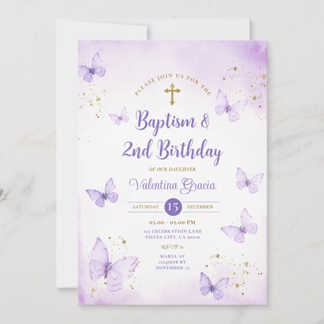 Purple Butterfly Girl 2nd Birthday Baptism Cross Invitation (Front)