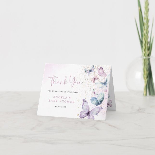 Purple Butterfly Girl Baby Shower Thank You Card (Front)