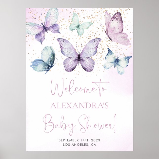 Purple Butterfly Girl Baby Shower Welcome Sign (Front)