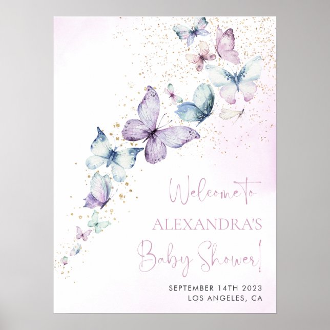 Purple Butterfly Girl Baby Shower Welcome Sign (Front)