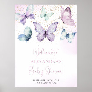 Purple Butterfly Girl Baby Shower Welcome Sign