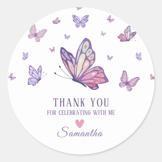 Purple Butterfly girl birthday  Classic Round Sticker (Front)