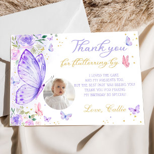 Purple Butterfly Girl Birthday Photo Thank You Card