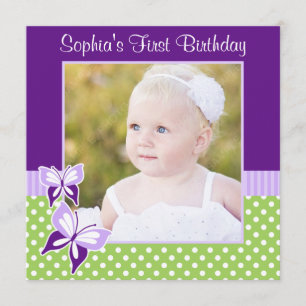 Purple Butterfly Green Polka Dot Birthday Photo Invitation