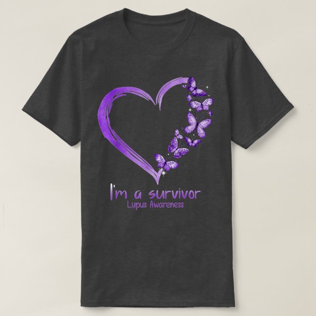 Purple Butterfly Heart I'm A Survivor Lupus Awaren T-Shirt (Design Front)