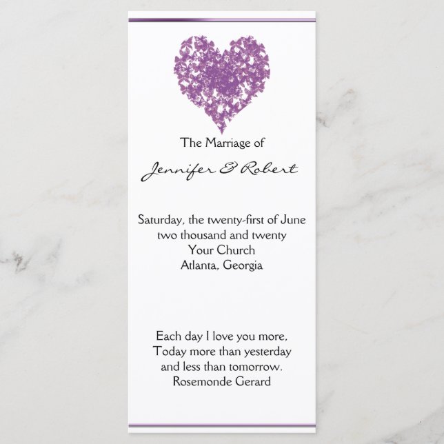 Purple Butterfly Heart Wedding Program Programme (Front)