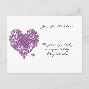 Purple Butterfly Heart Wedding RSVP Invitation Postcard