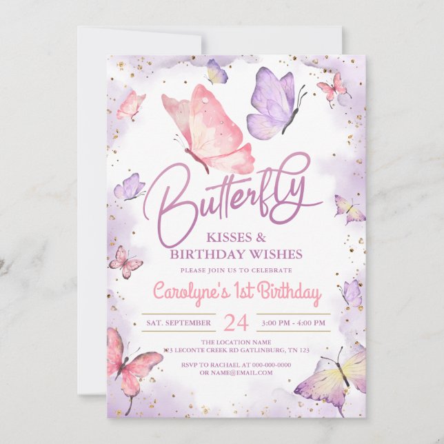 Purple Butterfly Kisses and Birthday Wishes Invitation (Front)
