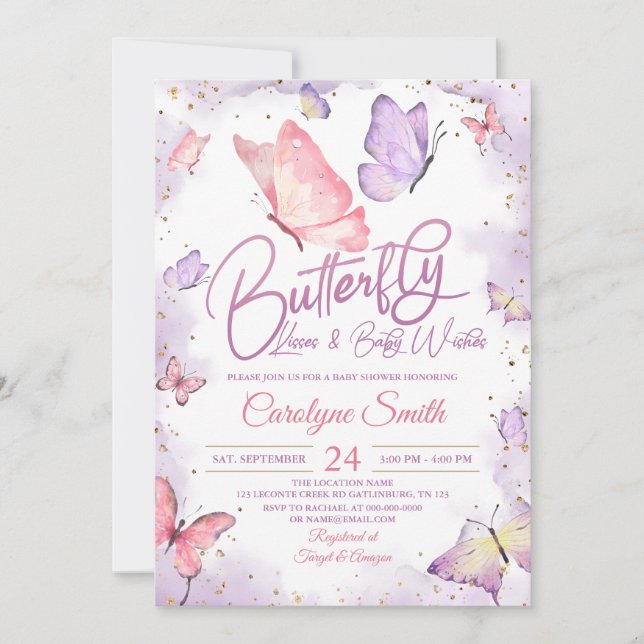 Purple Butterfly Kisses & Baby Wishes Baby Shower Invitation (Front)