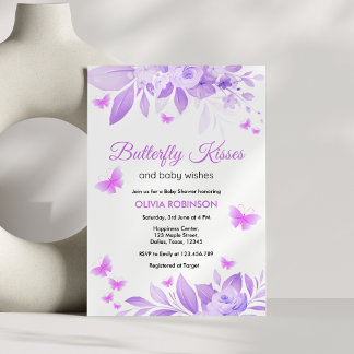 Purple Butterfly Kisses & Baby Wishes Baby Shower  Invitation