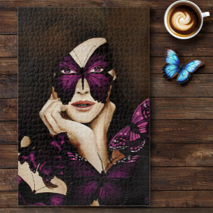 Purple Butterfly Masquerade Woman Elegant Fantasy Jigsaw Puzzle