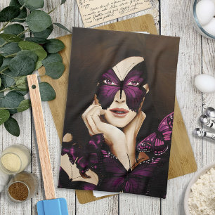 Purple Butterfly Masquerade Woman Elegant Fantasy Tea Towel