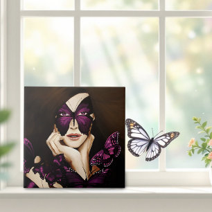 Purple Butterfly Masquerade Woman Elegant Fantasy Tile