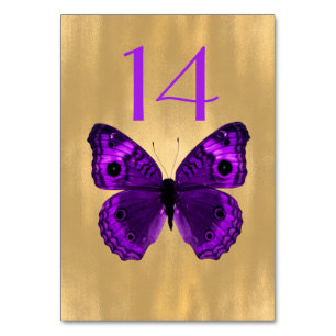 Purple Butterfly on Gold Wedding Table Number Card