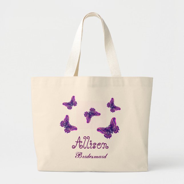 Purple Butterfly Personalised Name Bridesmaid Large Tote Bag (Front)