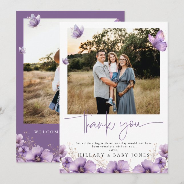 Purple Butterfly Photo Baby Show Thank you card (Front/Back)