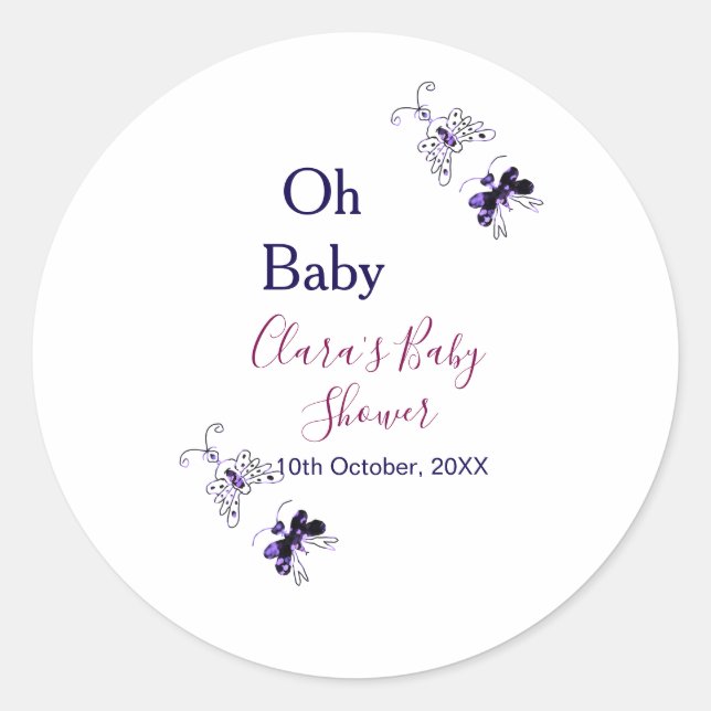 Purple butterfly pink baby shower oh baby modern classic round sticker (Front)