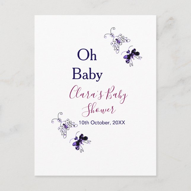 Purple butterfly pink baby shower oh baby modern postcard (Front)