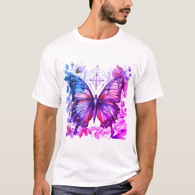 Purple Butterfly Pink Blue Christian Holy Cross T-Shirt (Front)