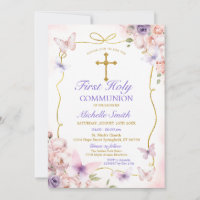 Purple Butterfly Pink Floral First Holy Communion