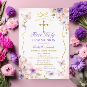 Purple Butterfly Pink Floral First Holy Communion Invitation