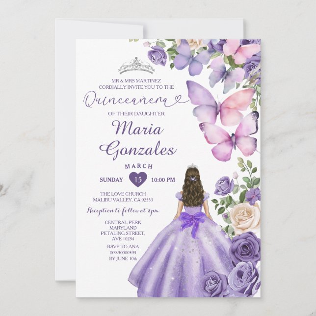 Purple Butterfly Princess Dress Floral Quinceañera Invitation (Front)