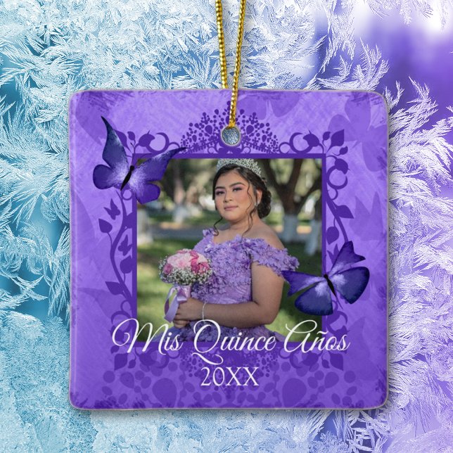 Purple Butterfly Quinceanera Personalised Ornament (purple quinceanera tree ornament christmas keepsake 15 15th fifteenth photo fancy purple frame)