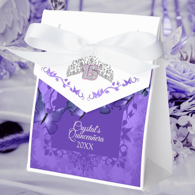 Purple Butterfly Quinceanera Ribbon Favour Box (purple silver crown tiara quinceanera party favor bag personalized gift bag purple butterflies)