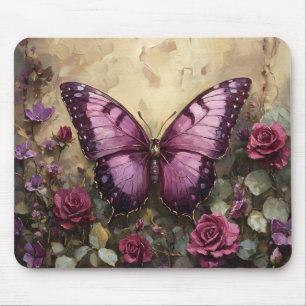 Purple Butterfly Rose Bush Painting Mouse Pad
