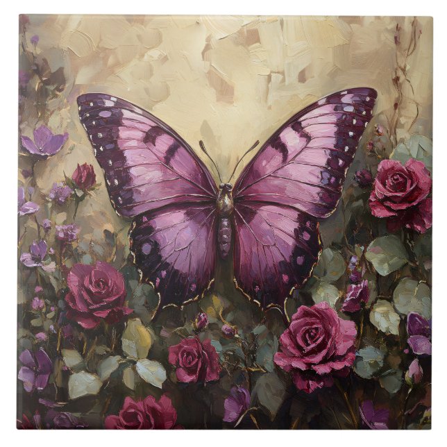 Purple Butterfly Rose Bush Painting Tile (Front)