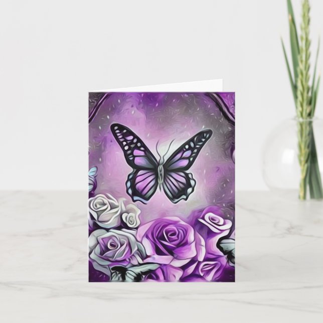 Purple Butterfly & Roses Thank You Card (Front)