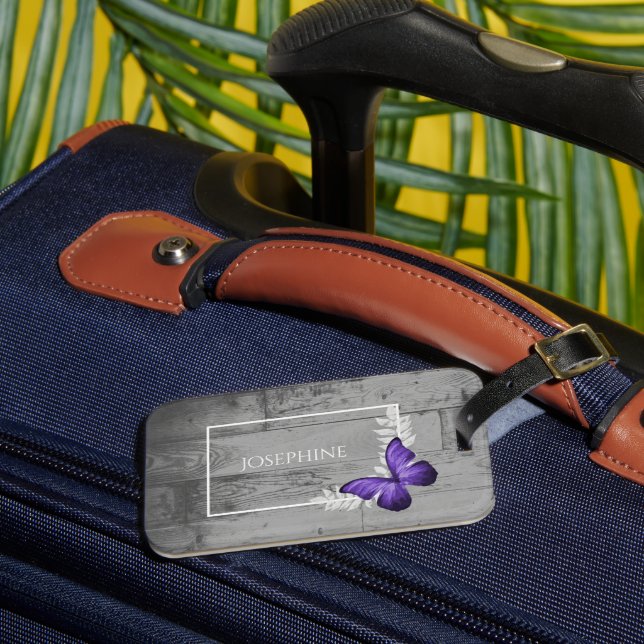 Purple Butterfly Rustic Luggage Tag (Front Insitu 3)