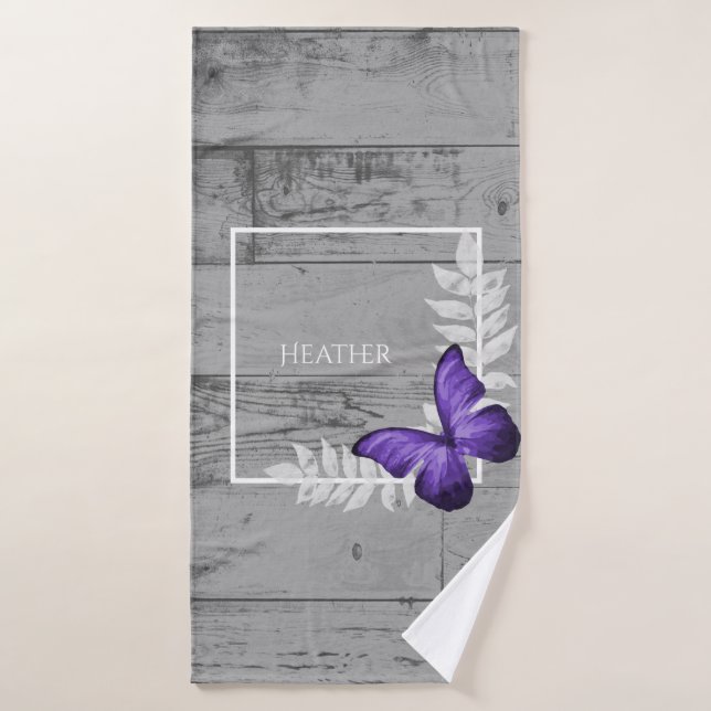 Purple Butterfly Rustic Personalised Bath Towel Set (Bath Towel)