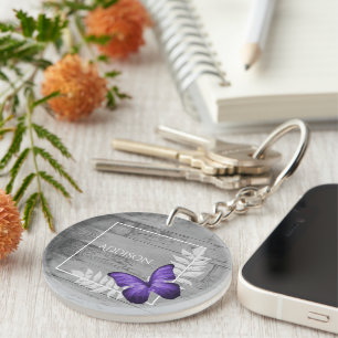 Purple Butterfly Rustic Personalised Keychain