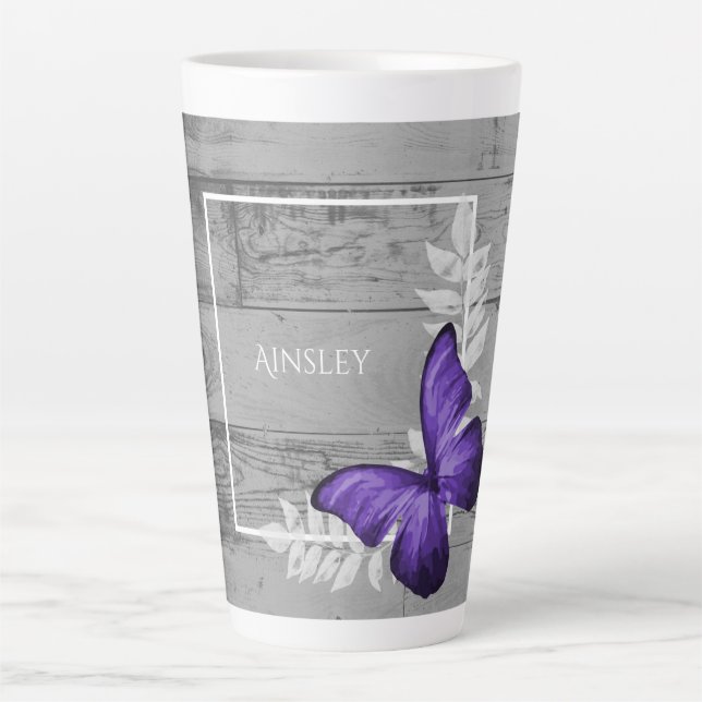 Purple Butterfly Rustic Personalised Latte Mug (Front)
