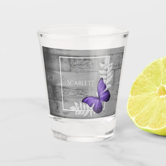 Purple Butterfly Rustic Personalised Shot Glass (Front)
